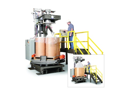 Single-station container filling system for bulk fill and weigh