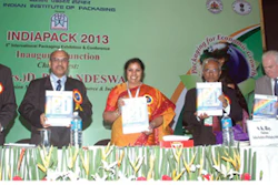 INDIA PACK 2013. Indian Minister of State for Commerce & Industry Dr. D Purandareswari (center) at the inauguration of India Pack 2013 in Mumbai. Far right is Thomas Schneider, President of World Packaging Organization.