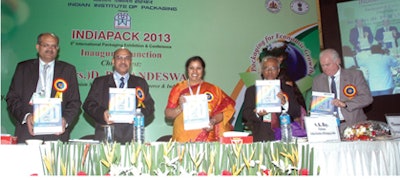 INDIA PACK 2013. Indian Minister of State for Commerce & Industry Dr. D Purandareswari (center) at the inauguration of India Pack 2013 in Mumbai. Far right is Thomas Schneider, President of World Packaging Organization.