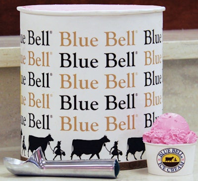 DRUMMING UP BUSINESS. Blue Bell’s preprinted drums heighten the company’s identity in the bulk ice cream category.