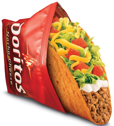 CONCEPT REINFORCED. For Taco Bell and Doritos’ co-branded Nacho Cheese Doritos Locos Tacos product, packaging—which looks like a snack-sized bag of Nacho Cheese Doritos—reinforces the entire concept beautifully.