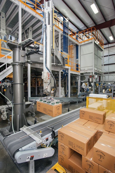 CASE PALLETIZING. In keeping with the rest of the automated line, the finished cases are automatically palletized by robot.