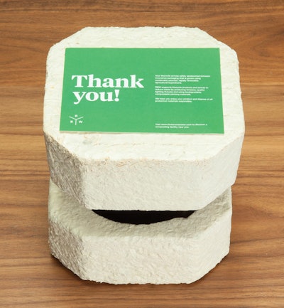 MUSHROOM PACKAGING. Top and bottom cushions made from mushroom “roots” grown in a custom-designed mold protect RBW’s wall sconce products during shipping. A card with each shipment educates customers on the formation, protective capabilities, and compostability of the new packaging.