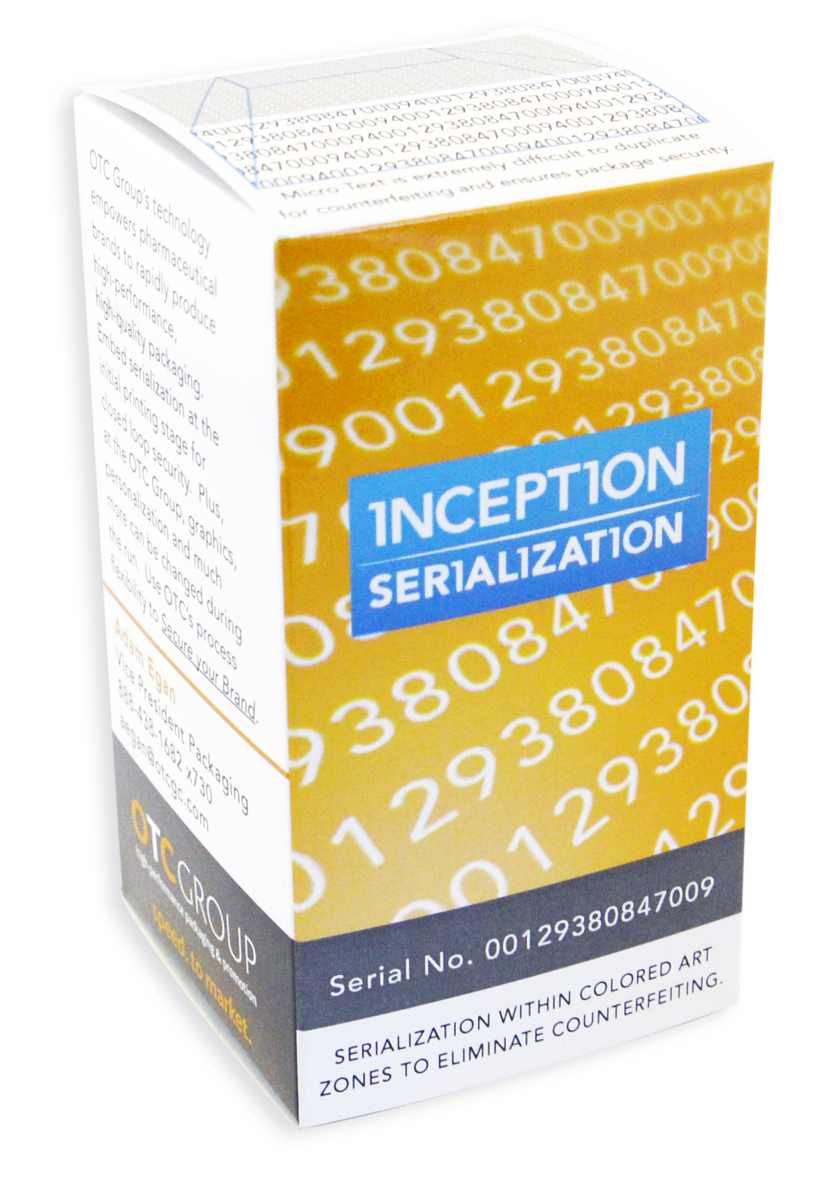 XAPS shows a serial number reversed out of the grey bar in front, with an enlargement of microtext on the top flap of the carton.