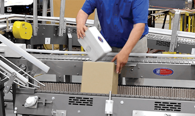 An ergonomic hand-pack station eases manual case packaging applications.