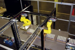 ROW PLACEMENT. At Clinton’s Ditch, two six-axis robots gently turn and/or position each package in one of three zones on the conveyor.