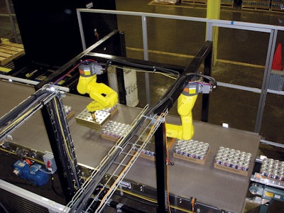 ROW PLACEMENT. At Clinton’s Ditch, two six-axis robots gently turn and/or position each package in one of three zones on the conveyor.