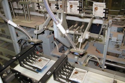 nce pouches are cut into individual units, a pick-and-place device puts each pouch on a pedestal checkweigher.