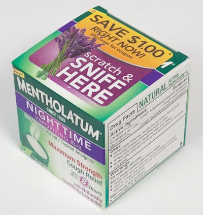 With lavender being a key ingredient in Mentholatum’s Nighttime Vaporizing Rub, the company included images of the sprigs of the plant on the front panel as well as a scratch-and-sniff panel.