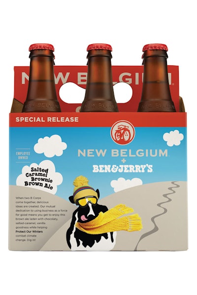 Ben & Jerry’s Salted Caramel Brownie Brown Ale, a collaboration with New Belgium Brewing, combines the visual assets of both companies to appeal to ice cream and beer lovers alike.