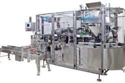 The new pouch filling machine is designed so that the funnels continue to fill the bags as they move through a semicircular bend in the conveyor.