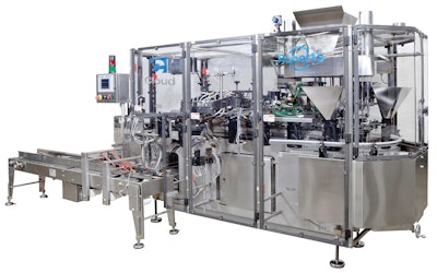 The new pouch filling machine is designed so that the funnels continue to fill the bags as they move through a semicircular bend in the conveyor.