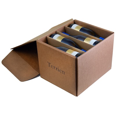 A specially designed 12-ct corrugated case for small-volume winery Terrien provides a more sustainable packaging solution.