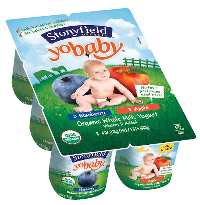 Stonyfield Organic YoBaby Yogurt Multi-Packs, a good example of how bioplastics can bring a lower cost and higher or equivalent performance compared to polystyrene, the petroleum-based material typically used for such a package.