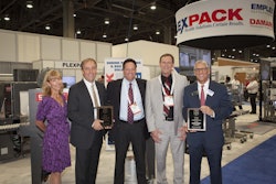 (l to r) Katie Bergmann from PMMI, Paul Irvine from Plexpack, Brian Patchett from Easter Seals, Dan Stock from Easter Seals and Joe Angel from Packaging World.
