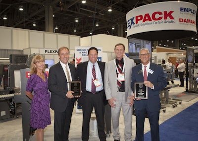 (l to r) Katie Bergmann from PMMI, Paul Irvine from Plexpack, Brian Patchett from Easter Seals, Dan Stock from Easter Seals and Joe Angel from Packaging World.