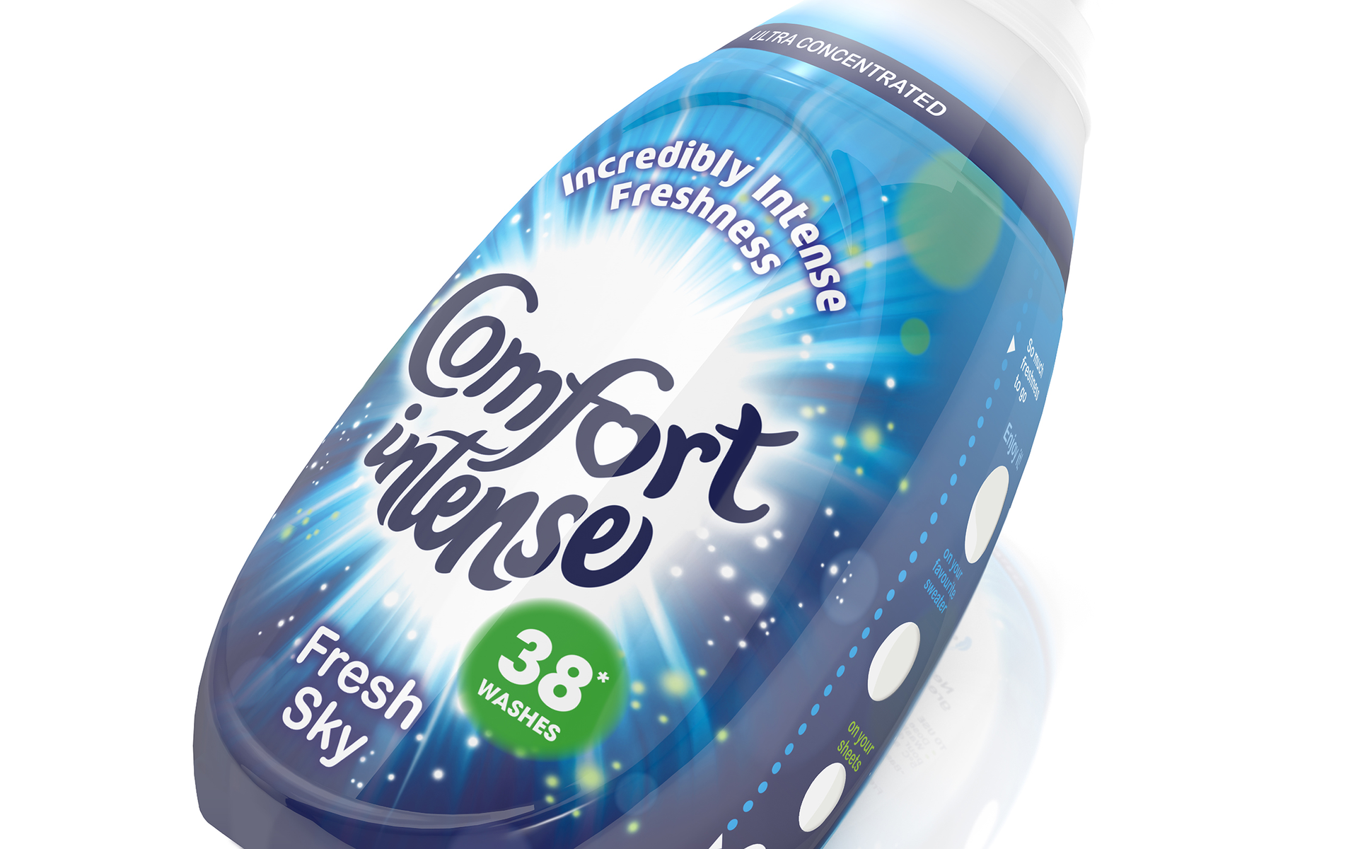 Packaging for Comfort Intense combines a droplet-shaped bottle and high-energy graphics.
