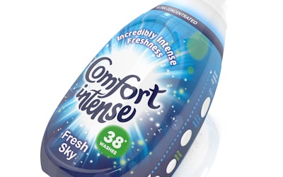 Packaging for Comfort Intense combines a droplet-shaped bottle and high-energy graphics.