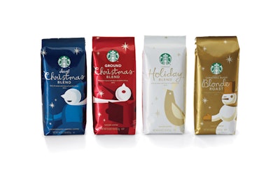 For its 2012 holiday packaging, Starbucks opted to illustrate holiday moments with such characters as a Christmas caroler and an ice dancer.