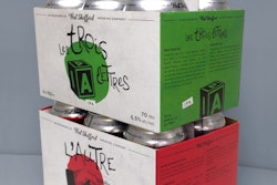 A new six-pack carrier for West Shefford's craft beer uses a retractable handle that enables stacking.