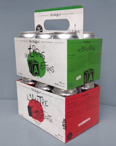 A new six-pack carrier for West Shefford's craft beer uses a retractable handle that enables stacking.