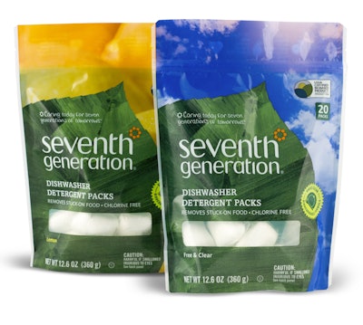 Seventh Generation has launched its dishwash pods in a fully recyclable, all-PE multilayer flexible stand-up pouch.