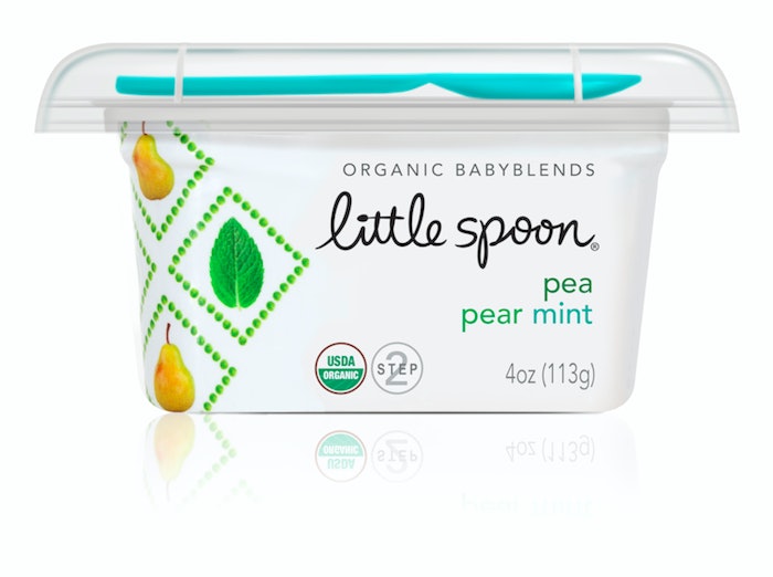 Each variety has its own 'food geometry' pattern made up of images of the ingredients in the puree.