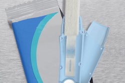 The round coated solid form desiccant snaps into the cavity of this diagnostic device.