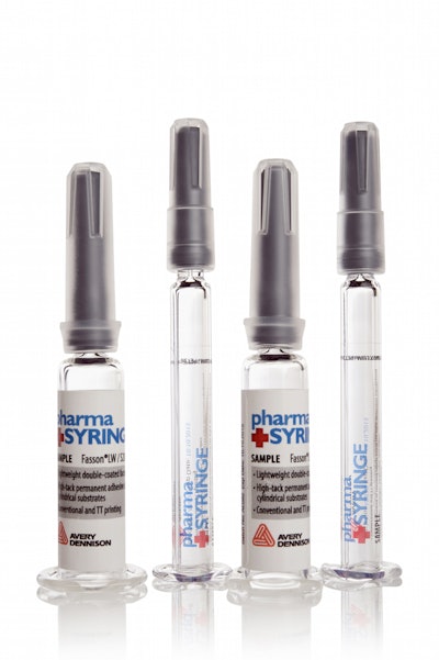 Seen here are examples of Avery Dennison labels adhering to pharmaceutical syringes.
