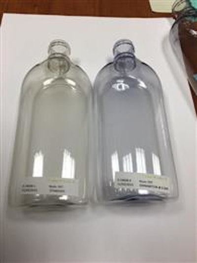 The uncolored PET bottle on the left was made using 25% PCR while the one on the right has the same PCR content but with 0.05% of the PET Enhancer added. The results are dramatic considering the low addition rates.