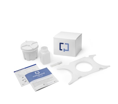 Each Cologuard kit contains a shipping box filled with a plastic sample container, plastic bracket, patient instruction guide, sample labels, a bottle of preservative liquid and a tube containing a buffered detergent solution with an antimicrobial agent.