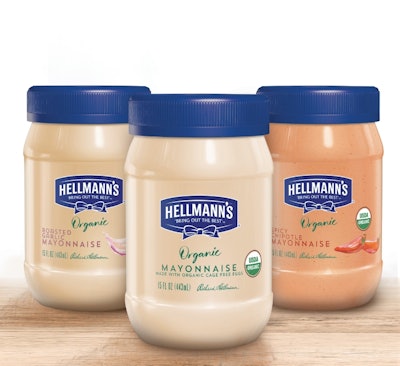 For its organic mayo, Unilever preserved the Hellmann's blue ribbon equity, but made it much smaller.