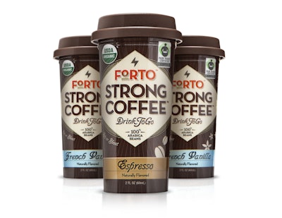 Packaged in a 2-oz replica of a paper coffee cup, Forto contains the same caffeine as two cups of coffee.
