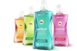 Method uses packaging shape and clear PET bottles that allows consumers to see the colorful liquid cleaners inside. The 100% post-consumer recycled bottles use an oriented pour spout and ergonomic design that are consumer friendly.
