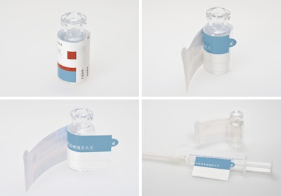 Three-layered film label has self-lifting starter tab; provides space for product info, post-printing with batch number, expiration date, dosage details and other data.
