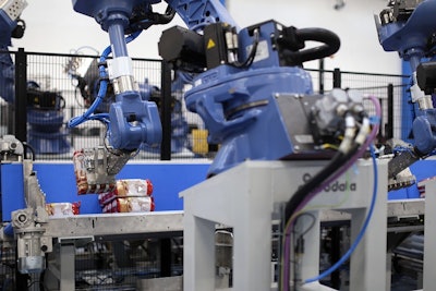Number1 uses four six-axis robots to pick and place a number of packaging formats into box pallets or tray displays.