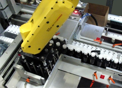 Robotic system for pharmaceutical track and trace handles bottles, cartons, bundles and blisters.