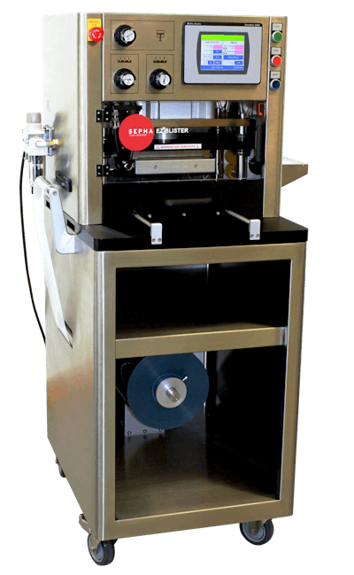 Lab-scale tabletop blister packaging machine includes material autofeed; ideal for low-volume packaging needs.