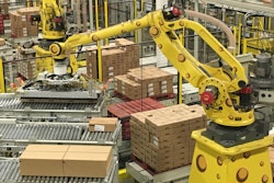 Robots palletizing cases of cheese have been decorated by Sargento with Swiss-hole decals to ‘cheesify’ them.