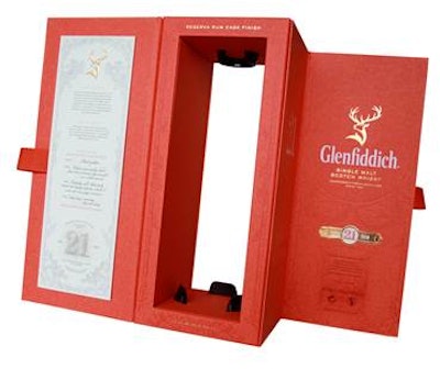 Intricately shaped box for Glenfiddich 21.