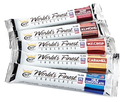 Primary packaging (shown) and secondary packaging of the chocolate bars have been dramatically upgraded, and the corrugated case features an integral reinforced handle.