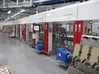 The robotic cartoning system is actually three identical machines each consisting of six sub-machines.