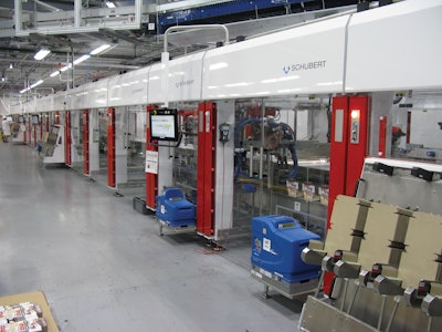 The robotic cartoning system is actually three identical machines each consisting of six sub-machines.