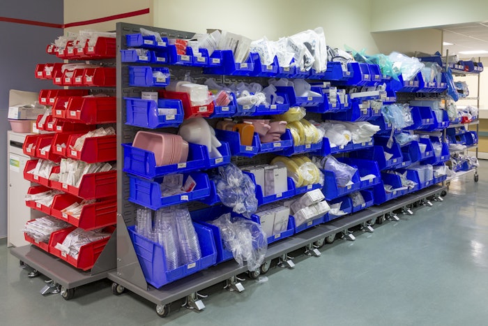 Midwestern medical system’s dolly from Akro-Mils eases logistics of moving supply racks within multiple departments; helps workers identify what is in the bin, scan a label or restock the bin.
