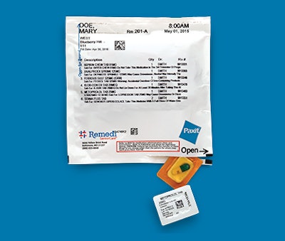 The resealable pouch is labeled with medication info (listed alphabetically for easy cross-checking), and contains a set of individual blister packages.