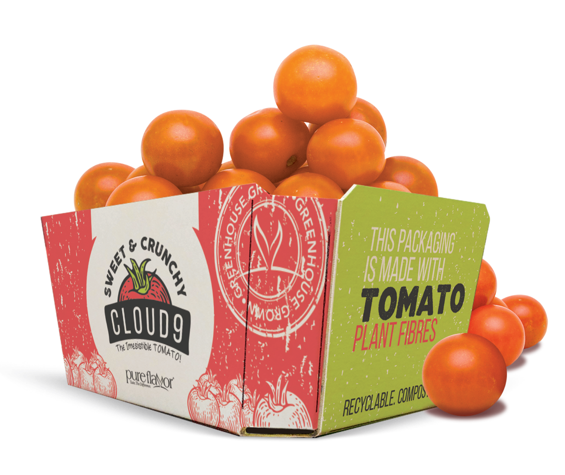 Pure Hothouse Foods is packaging its snacking tomato brand in paperboard packaging enriched with tomato plant fibers.