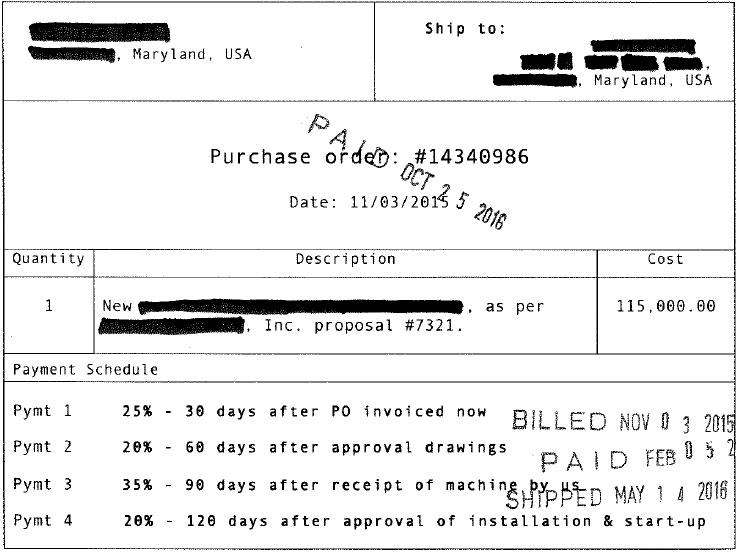 In this hypothetical invoice, 55% of the machine&rsquo;s total cost was still outstanding 90 days after receipt of the machine.