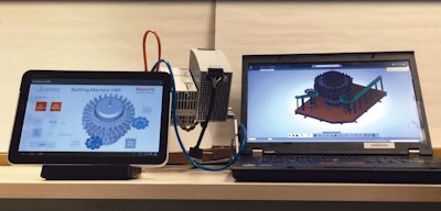 Shown here is a Bosch Rexroth controller connected to the HMI of a real machine on the left and also connected to a virtual machine on the right.