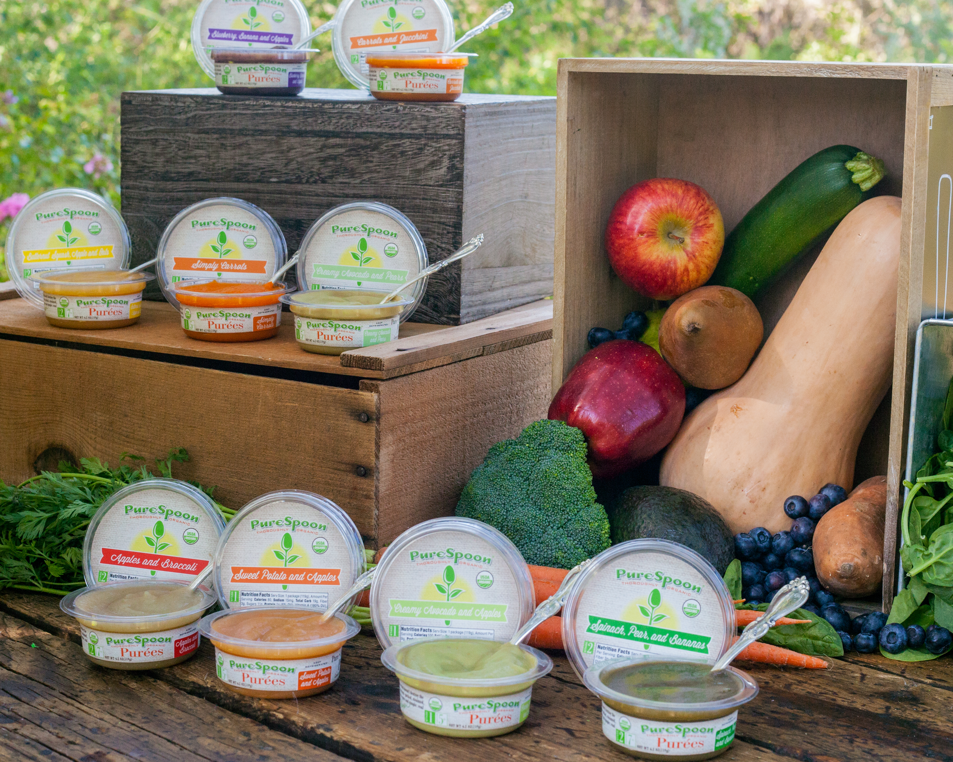 Pure Spoon&rsquo;s products consist of 100% organic fruit and vegetable pur&eacute;es, packaged in 4.2-oz clear PET containers.