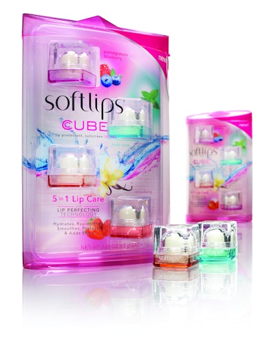 A multipack club-store package for Softlips Cube uses plastic for a multidimensional effect.